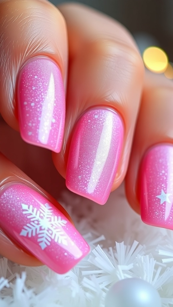 Close-up of pink chrome Christmas nails with holiday designs, reflecting light.